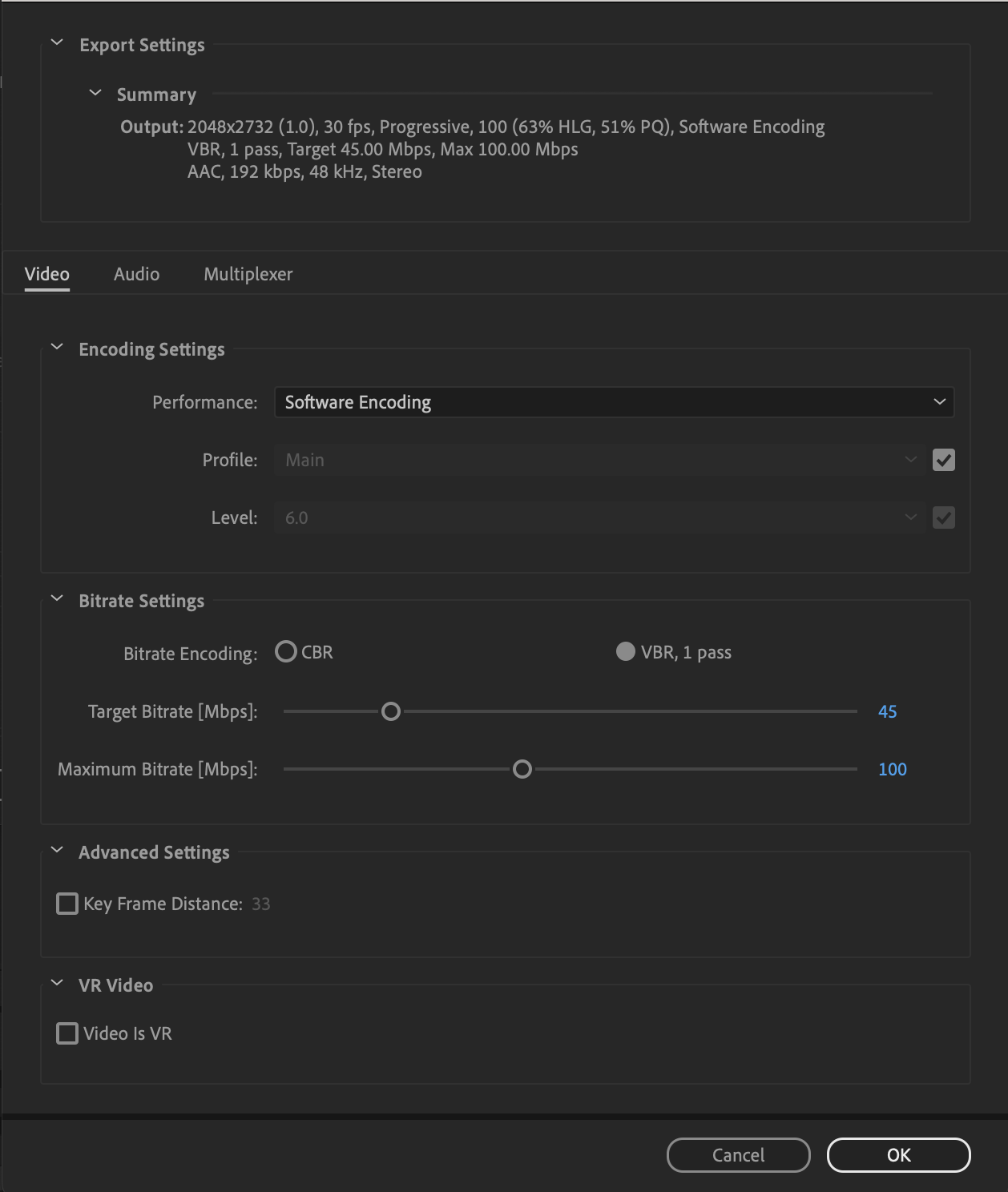 After Effects settings showing the Bitrate Settings at 45.