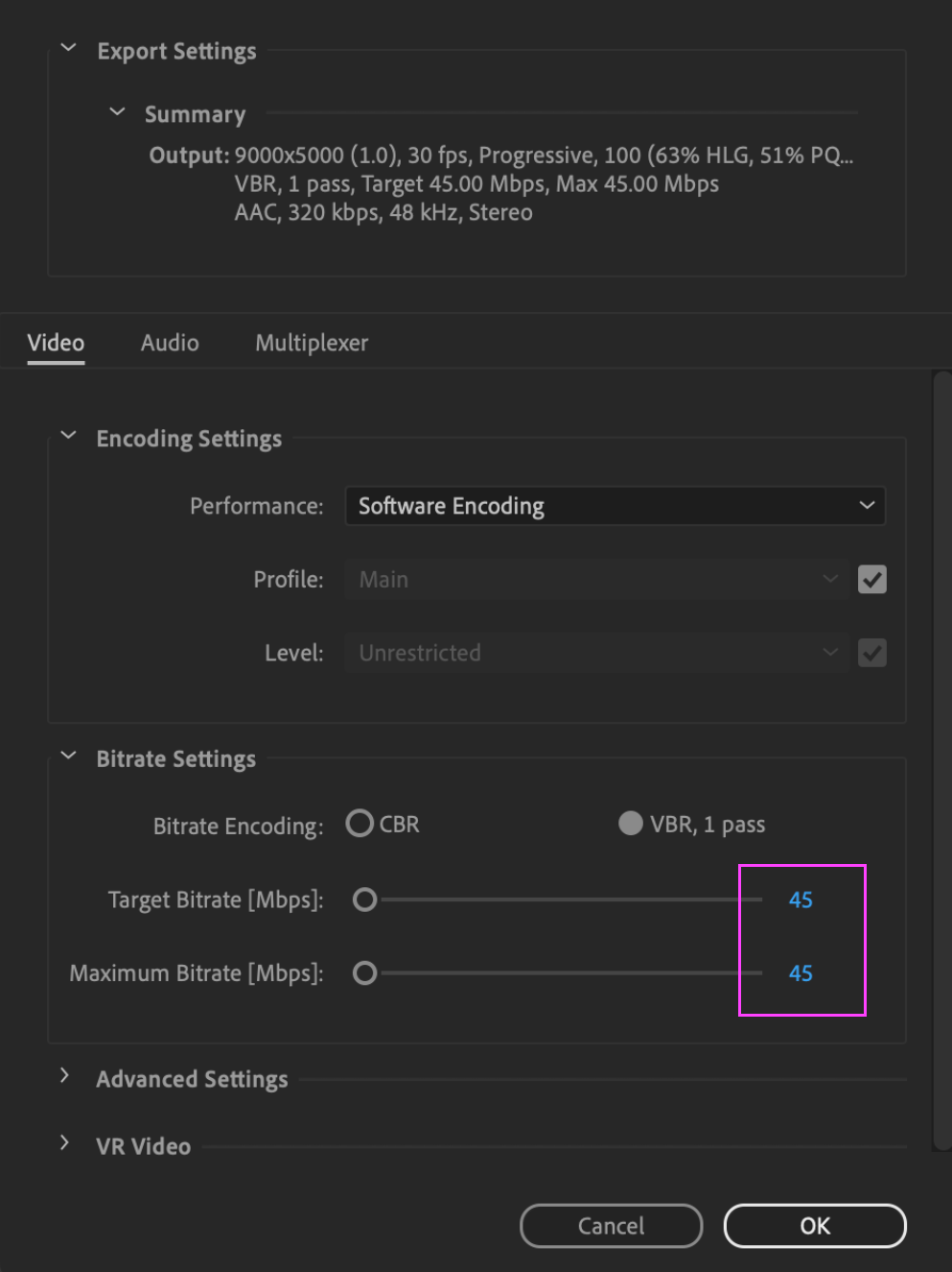 After Effects settings showing the Bitrate Settings at 45.