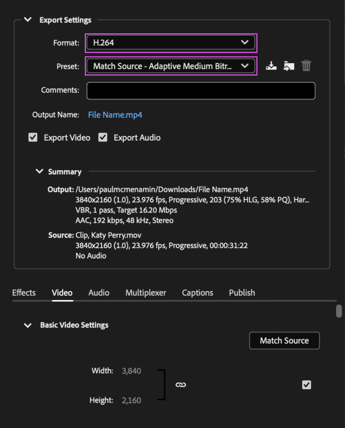 Premiere or Media Encoder settings showing the H.264 format and Match Source preset selected.