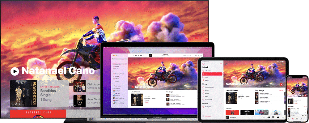 智慧型電視、Mac、iPad 和 iPhone 上的藝人頁面動態素材範例。