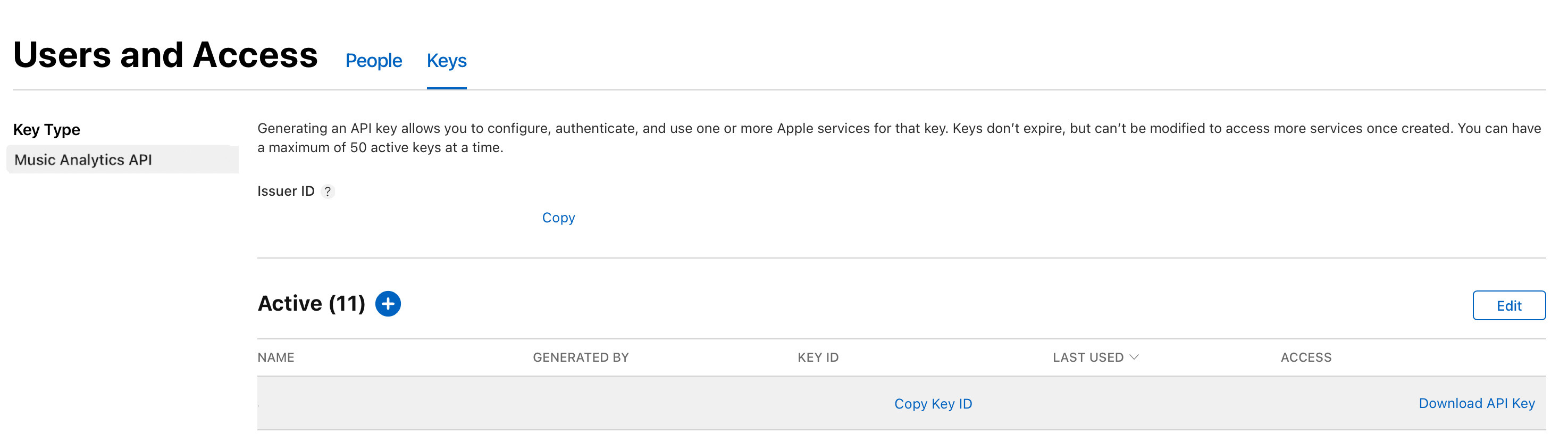 “用户和访问”的“密钥”页