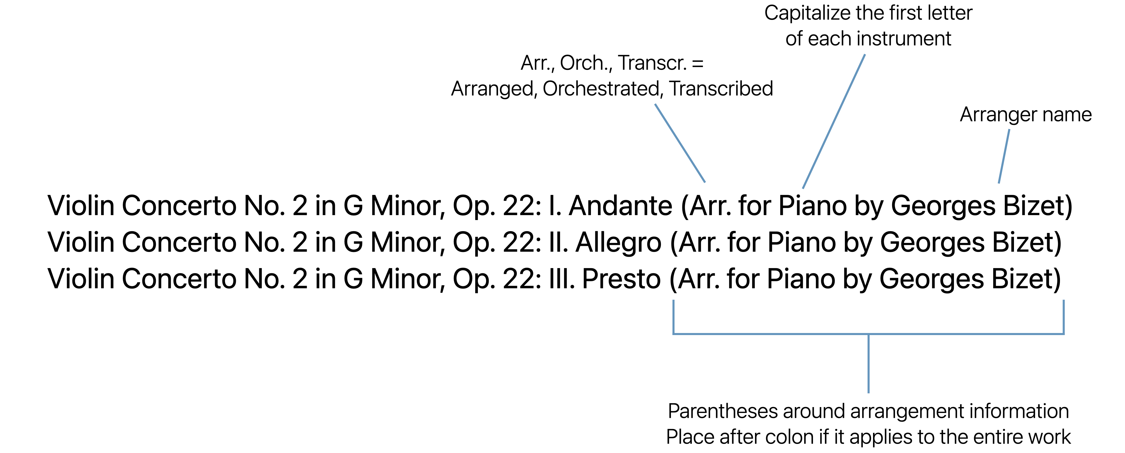 Example of formatting for versions, arragements, and transcriptions.