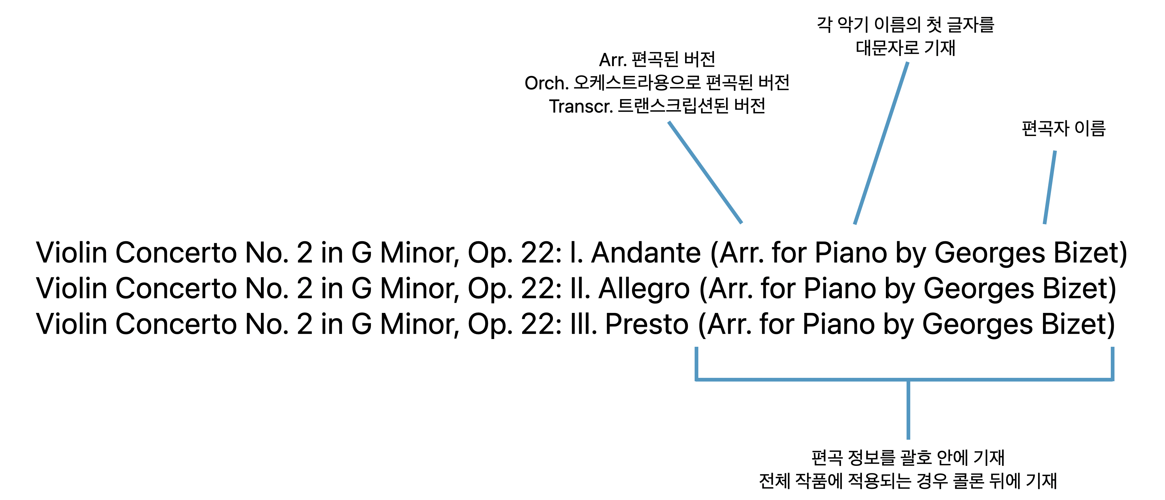 버전, 편곡 및 트랜스크립션 형식의 예시.