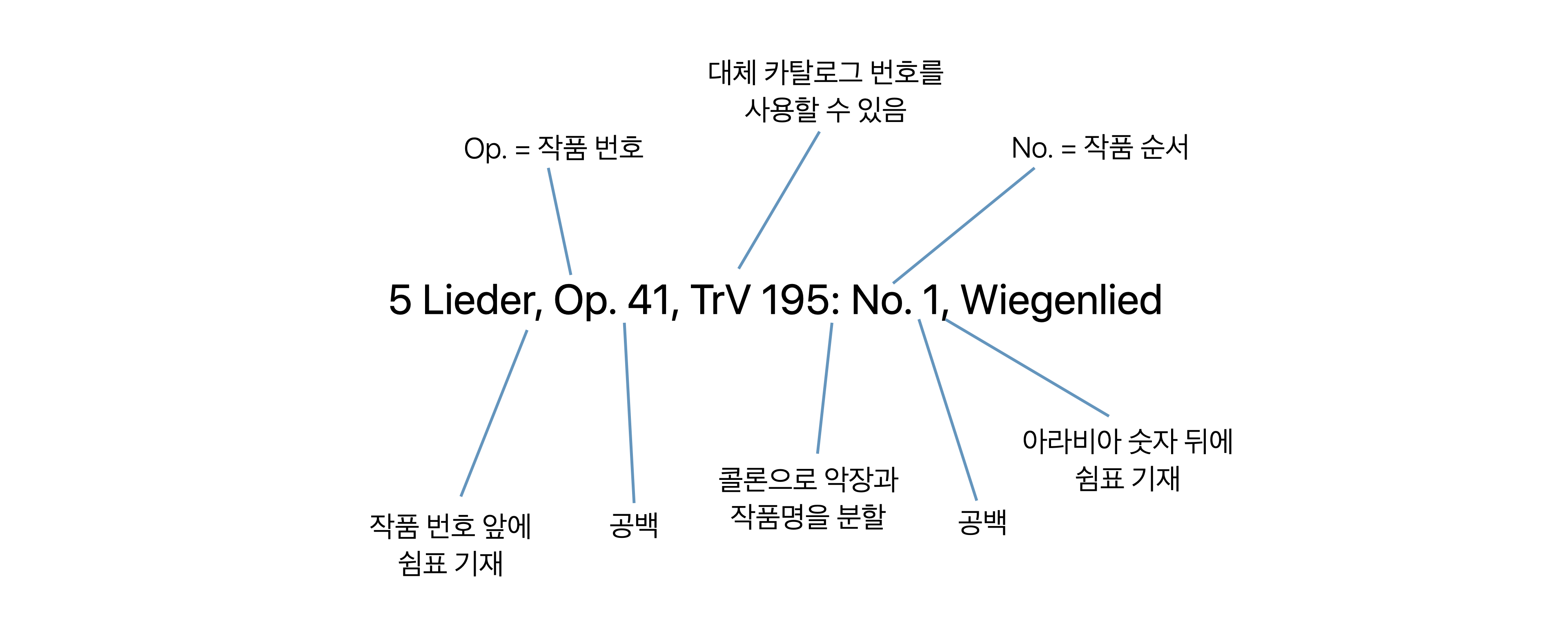 클래식 작품의 연가곡 제목의 형식 지정에 대한 예시.
