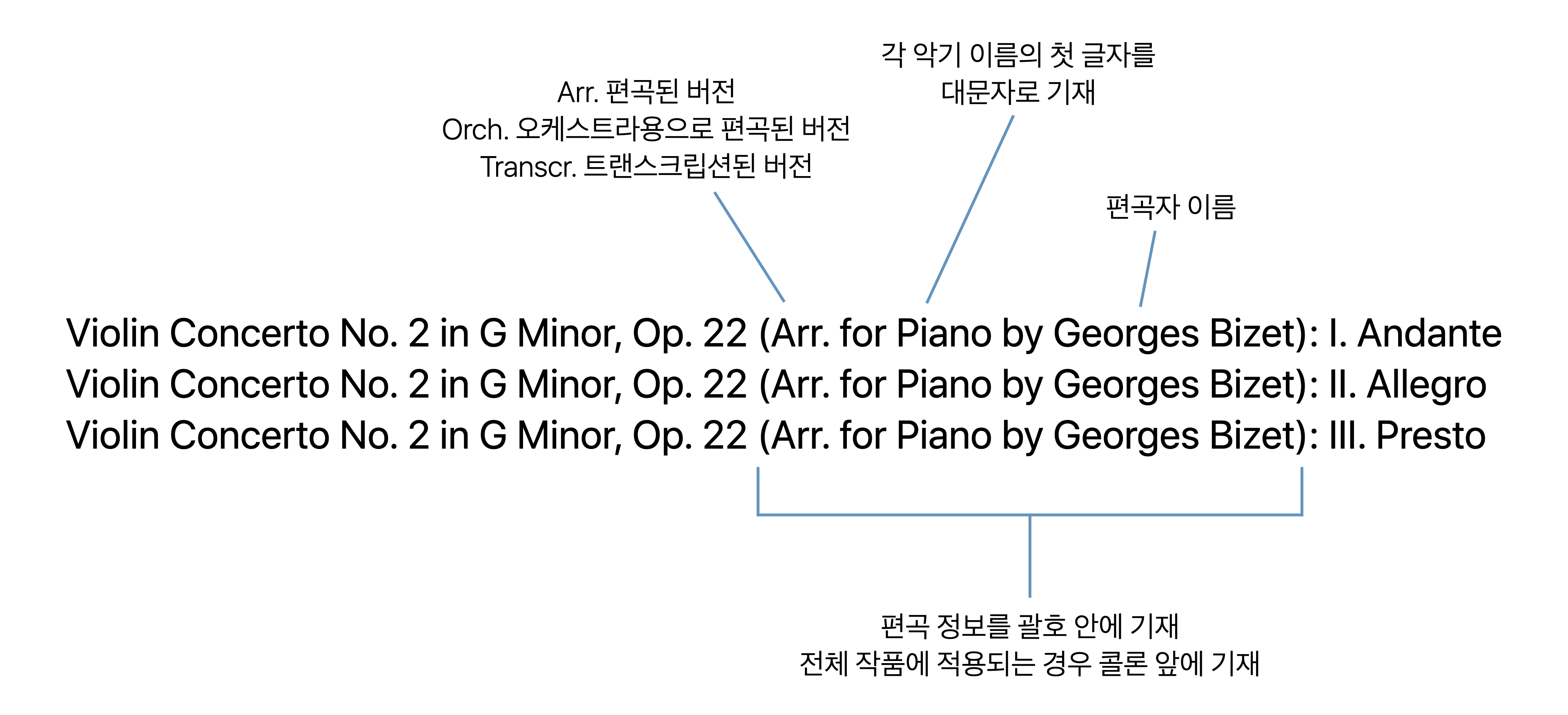 버전, 편곡 및 트랜스크립션 형식의 예시.