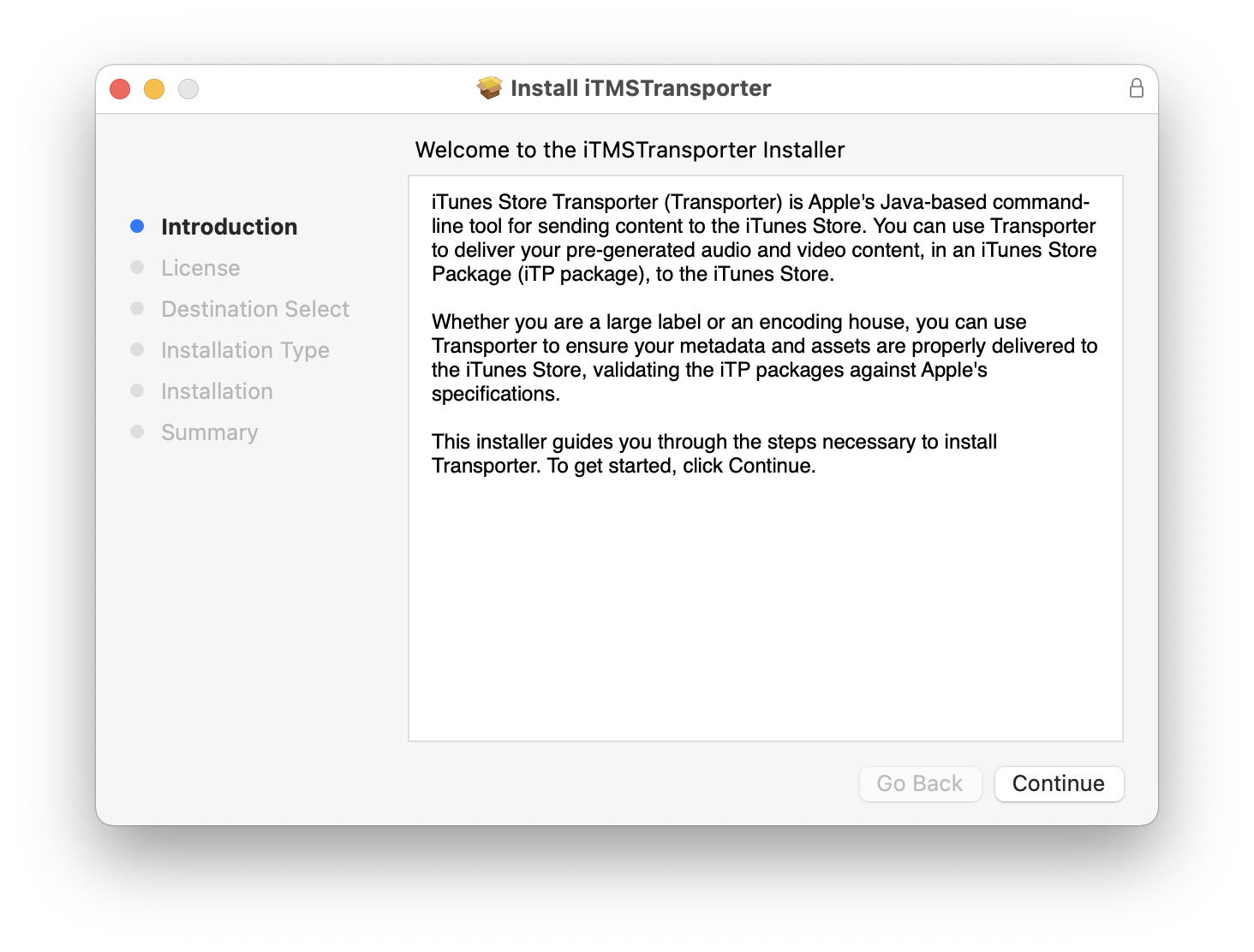 macOS iTMSTransporter installation window displaying the Introduction panel.