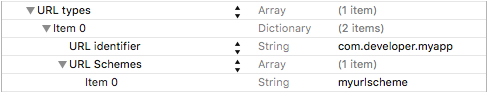 The contents of a plist showing a URL identifier string and the string in a URL Schemes array.
