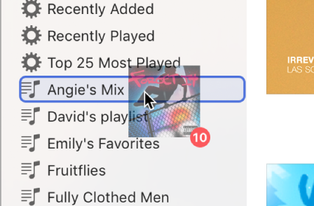 A screenshot of an album being dragged to a playlist, the playlist is highlighted