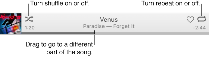 Click Repeat to repeat a song, album, or playlist. Click Shuffle to turn shuffle on or off. Drag the scrubber to go to a different part of the song. Click Up Next to create a playlist on the fly.