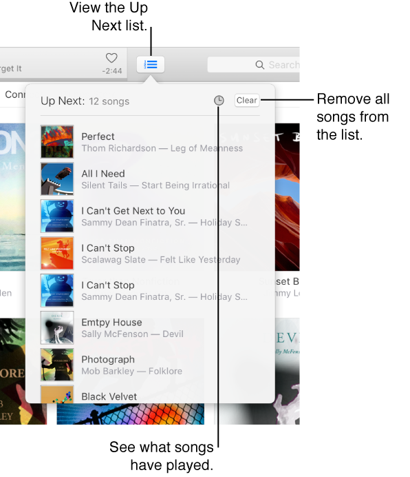 Click the Up Next button to view the Up Next list, click the History button to view the Previously Played list