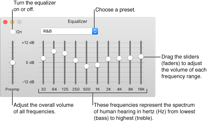 Click the On checkbox to turn on the iTunes equalizer, choose an equalizer preset from the pop-up menu, adjust the overall volume of frequencies with the pre-amp, move the sliders to adjust the sound level of different frequency ranges