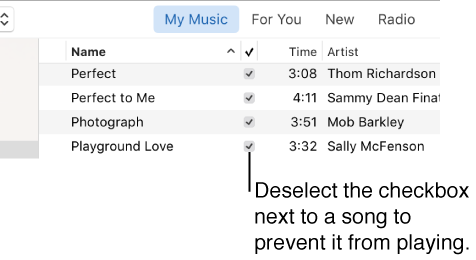 Detail of the Songs view in music, showing the checkboxes