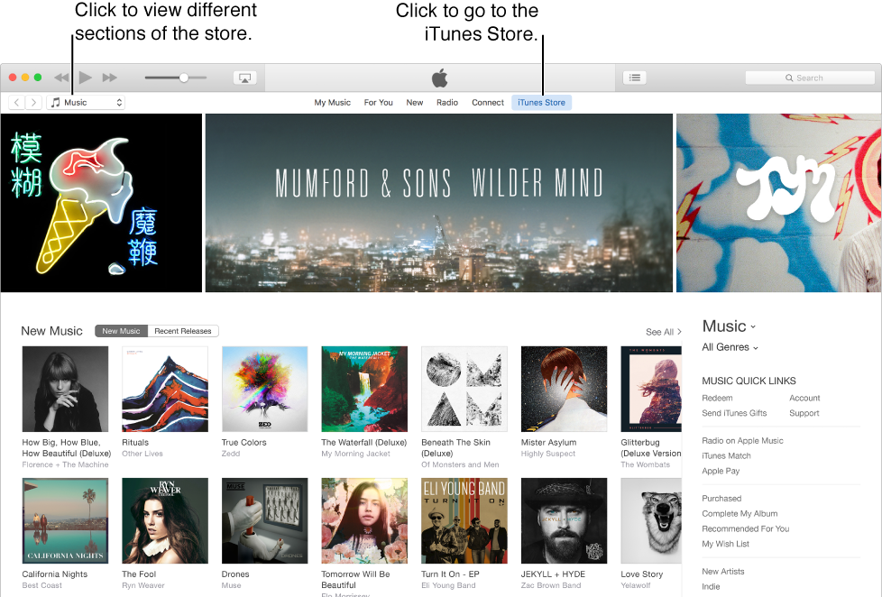 The iTunes store main window: Click iTunes Store to go to the store, click buttons to view different content types, click your name to view your account.