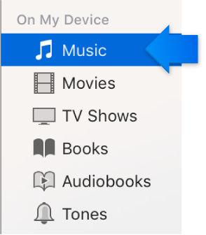 The sidebar below On My Device, arrow points to Music