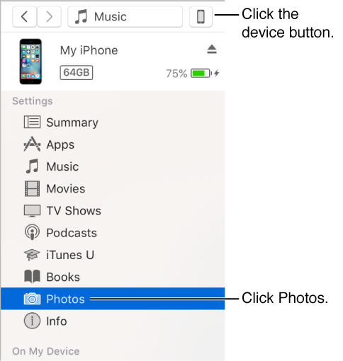 A picture of the device button with Photos selected in the sidebar