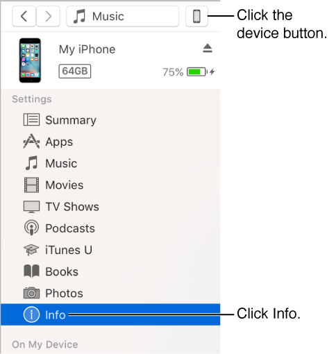 A picture of the device button with Info selected in the sidebar