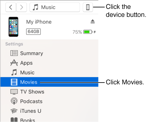 A picture of the device button with Movies selected in the sidebar 