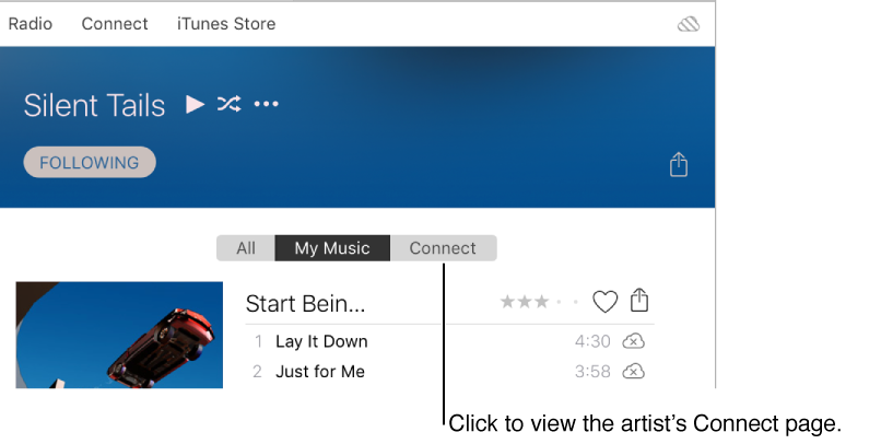 The Connect tab on an artist's page