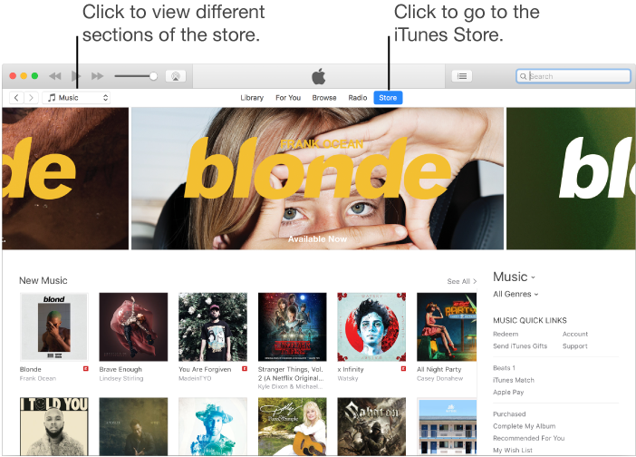 The iTunes store main window: Click Store to go to the store; click buttons to view different content types.