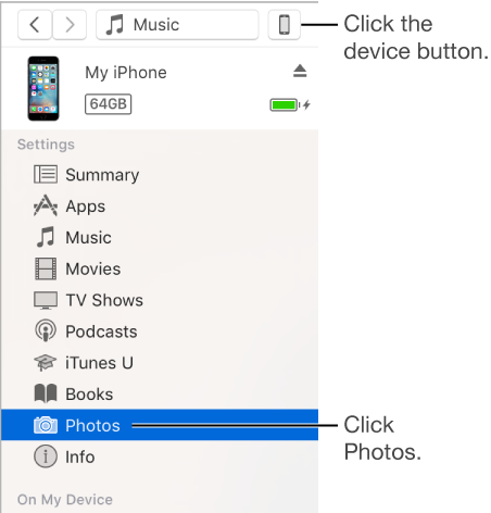 The device button at the top of the iTunes window and Photos selected in the sidebar on the left.