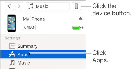 The device button at the top of the iTunes window and Apps selected in the sidebar on the left.