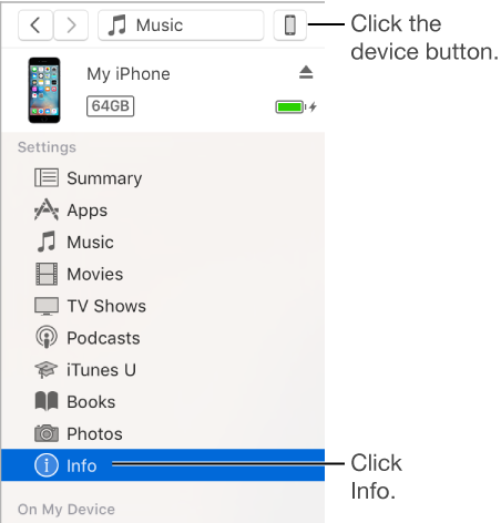 The device button at the top of the iTunes window and Info selected in the sidebar on the left.