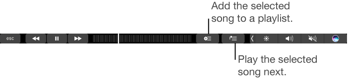 The Touch Bar controls for music, with buttons for new playlist and the Up Next list