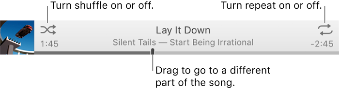 The banner with a song playing. The Shuffle button is in the upper-left corner; the Repeat button is in the upper-right corner. Drag the scrubber to go to a different part of the song.