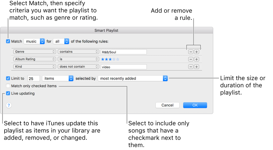 The Smart Playlist window: In the upper-left corner, select Match, then specify the playlist criteria (such as genre or rating). Continue to add or remove rules by clicking the Add or Remove buttons in the upper-right corner. Select various options in the lower portion of the window—such as limiting the size or duration of the playlist, including only songs that are checked or having iTunes update the playlist as items in your library change.