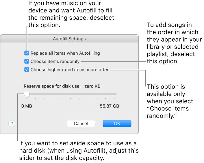 The Autofill Settings dialog showing four options, from top to bottom. If you have music on your device and want Autofill to fill the remaining space, deselect the option “Replace all items when Autofilling.” To add songs in the order in which they appear in your library or selected playlist, deselect the option “Choose items randomly.” The next option, “Choose higher rated items more often,” is available only when you select the option “Choose items randomly.” If you want to set aside space to use as a hard disk, adjust the slider to set the disk capacity.