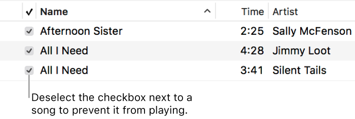 Detail of the Songs view in music, showing the checkboxes on the left. Deselect the checkbox next to a song to prevent it from playing.