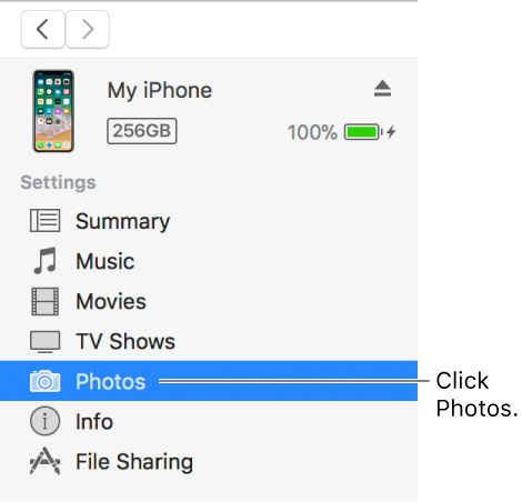 The Device window, with Photos selected in the sidebar on the left.
