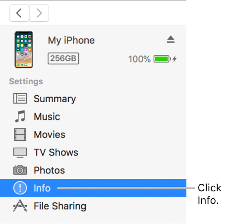 The Device window, with Info selected in the sidebar on the left.