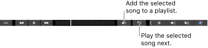The Touch Bar controls for music, with buttons to add the selected song to a playlist and to the Up Next list.