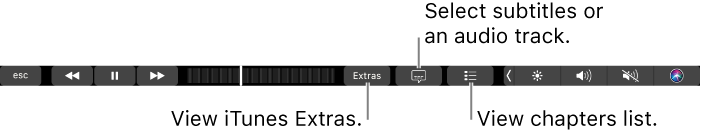 The Touch Bar controls for movies, with buttons for iTunes Extras, subtitles, and the chapter list.