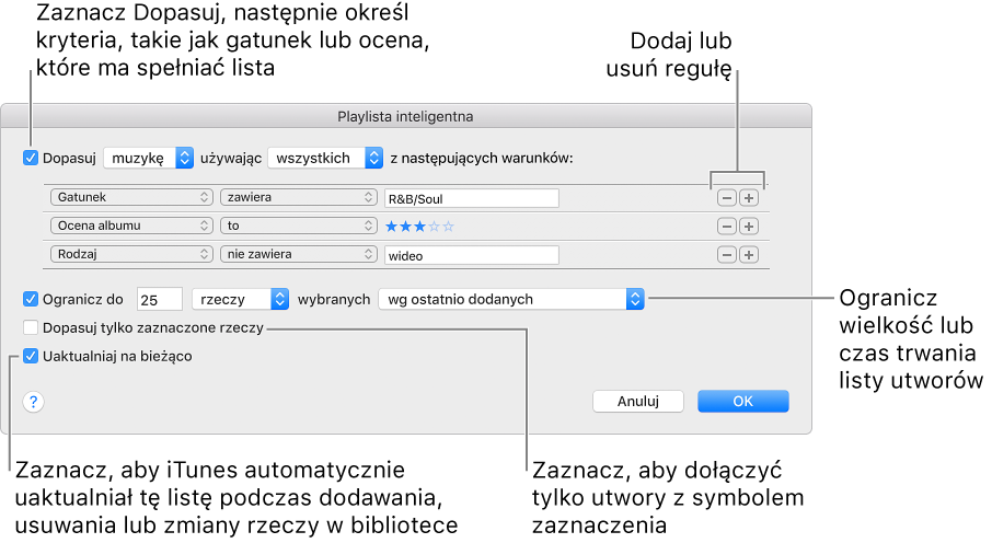 Okno playlisty inteligentnej: W lewym górnym rogu zaznacz Dopasuj, a następnie określ kryteria tworzenia playlisty (na przykład, gatunek lub ocena). Kontynuuj, aby dodawać lub usuwać reguły, klikając w przycisk dodawania lub usuwania w prawym górnym rogu. Zaznaczaj różne opcje w dolnej części okna — takie jak ograniczające wielkość lub czas odtwarzania playlisty, dołączania tylko zaznaczonych utworów, lub uaktualniania przez iTunes playlisty tylko utworami z biblioteki.