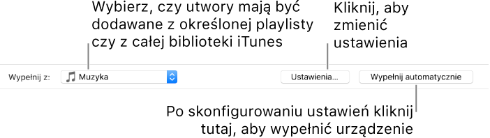 Opcje automatycznego wypełniania na dole panelu Muzyka. Po lewej znajduje się menu podręczne Wypełnij z, w którym wybierasz, czy chcesz dodawać utwory z playlisty lub z całej biblioteki. Po prawej znajdują się dwa przyciski — Ustawienia, do zmiany różnych opcji automatycznego wypełniania oraz przycisk Wypełnij automatycznie. Gdy klikniesz w Wypełnij automatycznie, Twoje urządzenie zostanie zapełnione utworami spełniającymi kryteria.