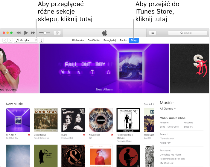 Okno główne iTunes Store. Na pasku nawigacji wyróżniony jest Sklep. W lewym górnym rogu wybierz inne treści, które chcesz zobaczyć w Sklepie (na przykład, Muzyka lub Programy TV).