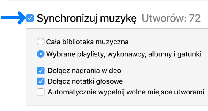 W pobliżu lewego górnego rogu dostępna jest funkcja synchronizowania muzyki (całej biblioteki lub wybranych rzeczy)