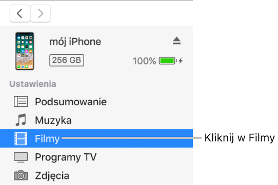 Okno Urządzenie z zaznaczoną na pasku bocznym po lewej stronie opcją Filmy.