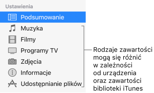 Na pasku bocznym po lewej zaznaczona jest pozycja Podsumowanie. Wyświetlane typy materiałów zależą od używanego urządzenia oraz zawartości biblioteki iTunes