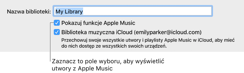 Pole wyboru Biblioteka muzyczna iCloud w preferencjach ogólnych.