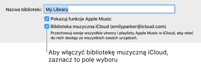 Pole wyboru Biblioteka muzyczna iCloud w preferencjach ogólnych iTunes.