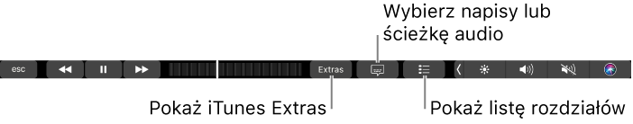 Pasek Touch Bar z narzędziami do obsługi filmów oraz przyciski do iTunes Extras, wyświetlania napisów oraz listy rozdziałów.