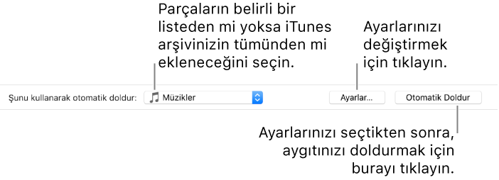 Müzik bölmesinin alt kısmındaki Otomatik Doldurma seçenekleri. En solda, parçaları listeden veya tüm arşivinizden ekleme seçeneklerini bulabileceğiniz Şunu Kullanarak Otomatik Doldur açılır menüsü bulunur. En sağda, çeşitli Otomatik Doldur seçeneklerini değiştirebileceğiniz Ayarlar ile Otomatik Doldur adlı iki düğme var. Otomatik Doldur’u tıkladığınızda, aygıtınız ölçüte uyan parçalarla doldurulur.