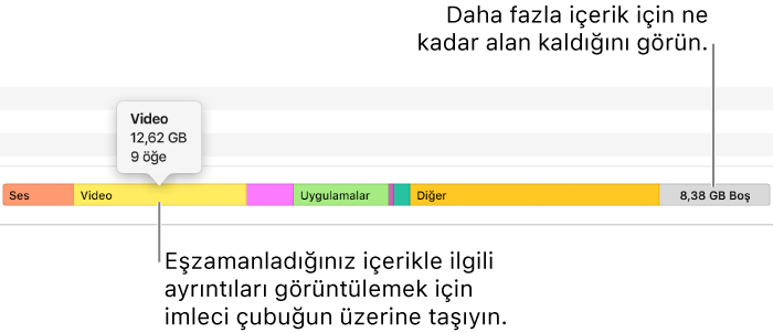 Eşzamanladığınız içerik hakkındaki ayrıntıları görüntülemek ve içerik için kalan alanı görmek için imleci pencerenin alt kısmındaki çubuğun üzerine taşıyın.