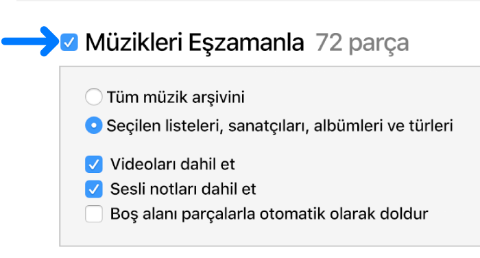 Ekranın sol üst kısmında tüm arşivinizi veya yalnızca seçili öğeleri eşzamanlama seçeneklerini içeren Müzikleri Eşzamanla öğesi.
