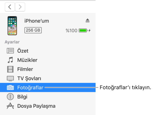 Soldaki kenar çubuğunda Fotoğraflar’ın seçili olduğu Aygıt penceresi.