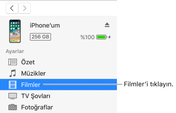 Soldaki kenar çubuğunda Filmler’in seçili olduğu Aygıt penceresi.