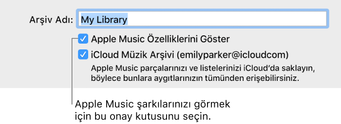 Genel Tercihler’deki iCloud Müzik Arşivi onay kutusu.